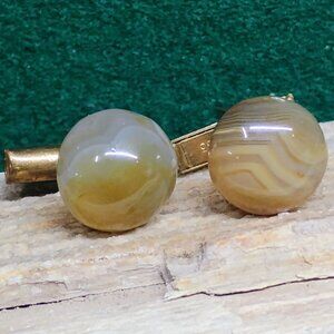 Cuff Link Set Gold Tone Blown Glass Murini Swirling Color Stripes Round Shapes